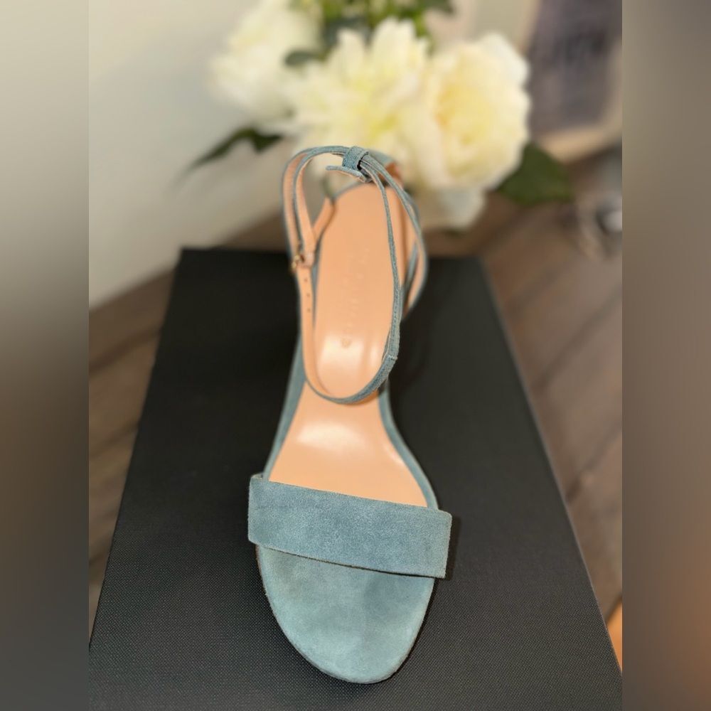 Club Monaco Suede Block Heel Sandals 37 Teal Made in Italy